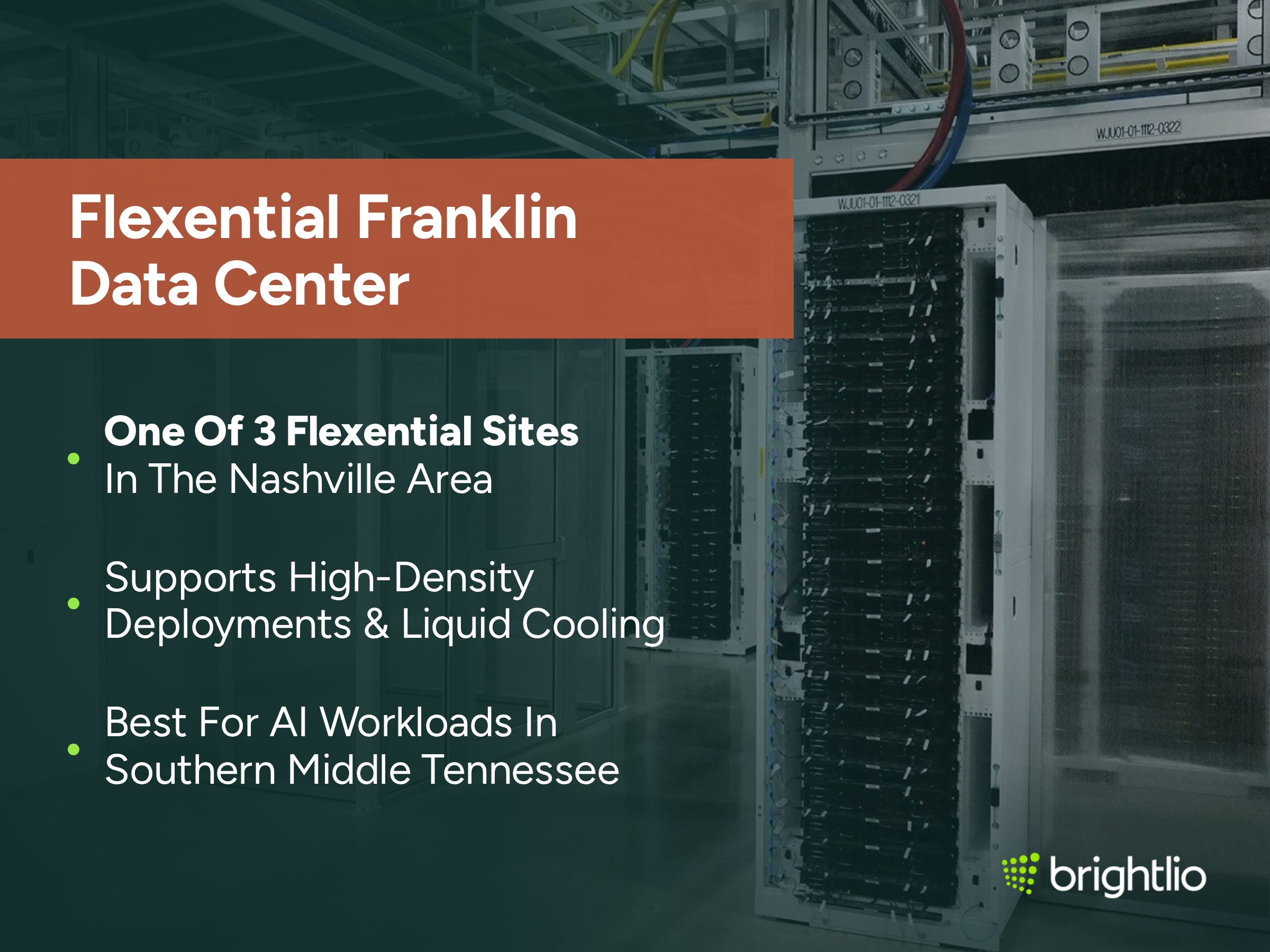 Flexential Franklin Data Center graphic over a photo of a data hall with rows of server racks, overhead cable trays and red and blue liquid cooling lines, beneath a dark teal overlay, highlighting its status as one of 3 Flexential sites in the Nashville area, support for high-density deployments and liquid cooling, and suitability for AI workloads in southern Middle Tennessee, with the Brightlio logo.