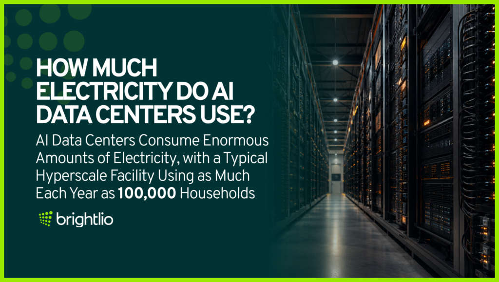 AI data center electricity use graphic showing a typical hyperscale facility can consume as much electricity each year as 100,000 households, beside rows of server racks.