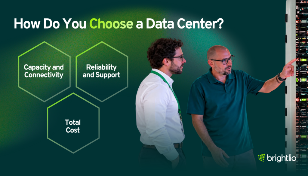 Choosing a data center involves evaluating capacity and connectivity, reliability and support, and total cost, illustrated by two professionals reviewing server infrastructure.
