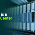 What is a data center graphic showing rows of server hardware inside a modern data center facility, with Brightlio branding.
