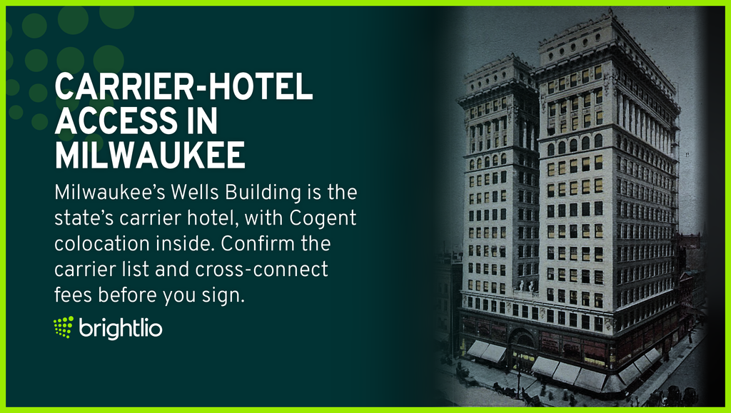 Alt Text: Carrier-Hotel Access In Milwaukee for Colocation in Wisconsin Shown Through a Vintage Illustration of the Historic Wells Building Tower Downtown