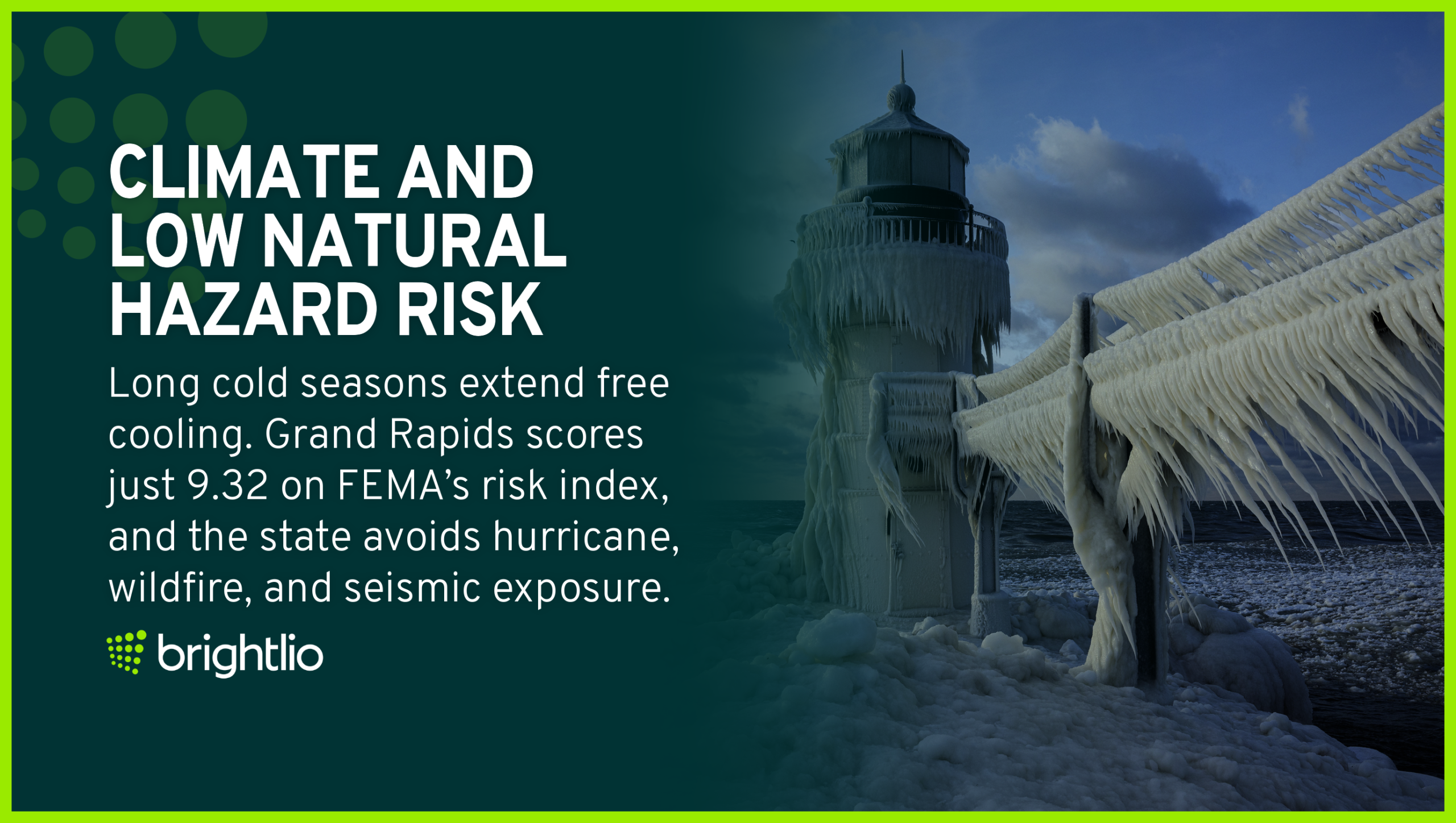 Climate And Low Natural Hazard Risk for Colocation in Michigan Shown Through the Ice-Encrusted St. Joseph Lighthouse on a Frozen Lake Michigan Pier