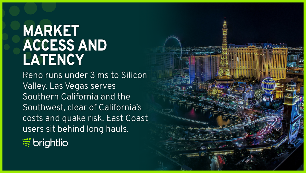 Market Access And Latency for Colocation in Nevada Shown Through the Las Vegas Strip Lit Up at Night Around the Paris Las Vegas Eiffel Tower