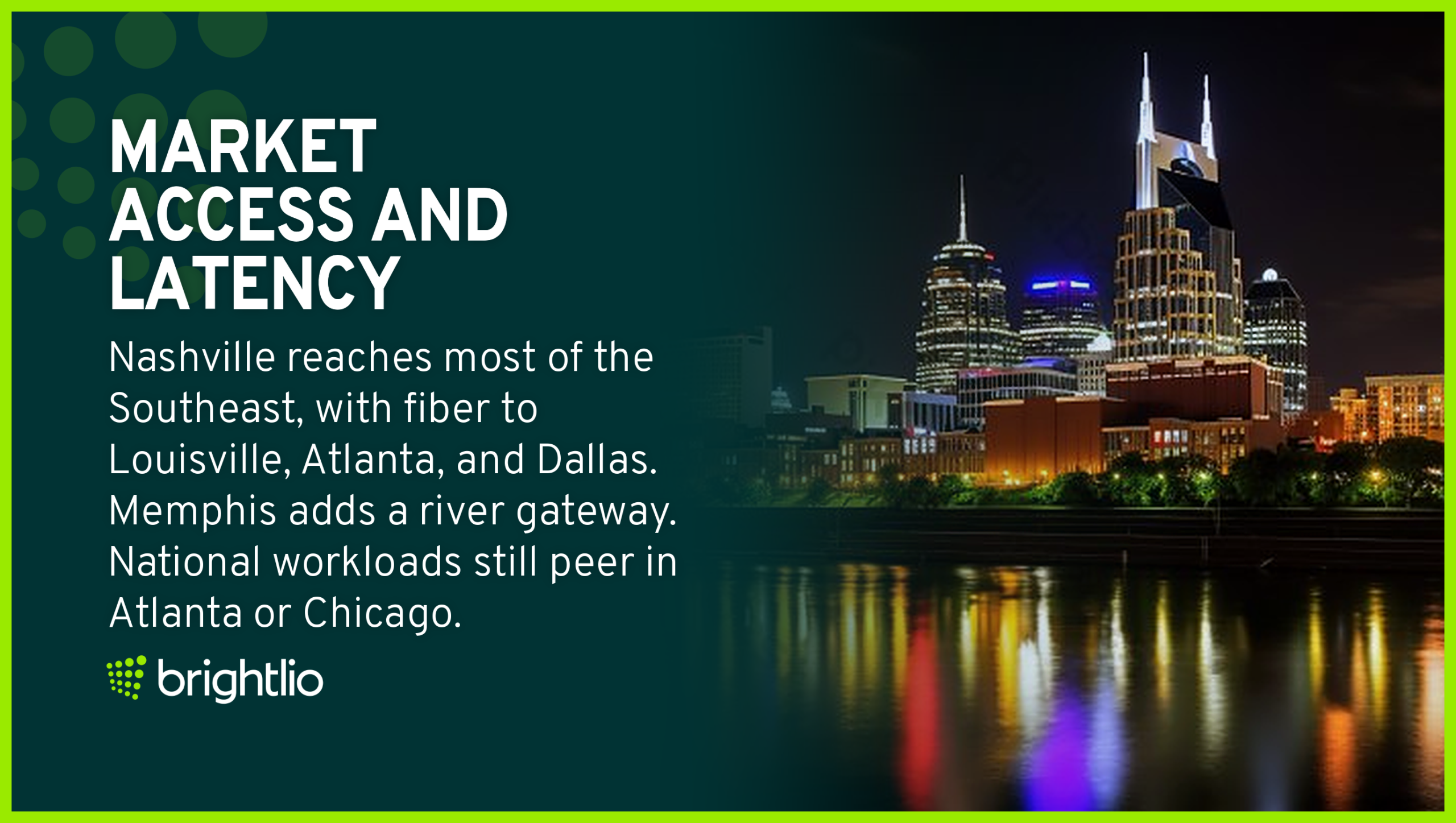 Market Access And Latency for Colocation in Tennessee Shown Through the Nashville Skyline at Night Reflected in the Cumberland River