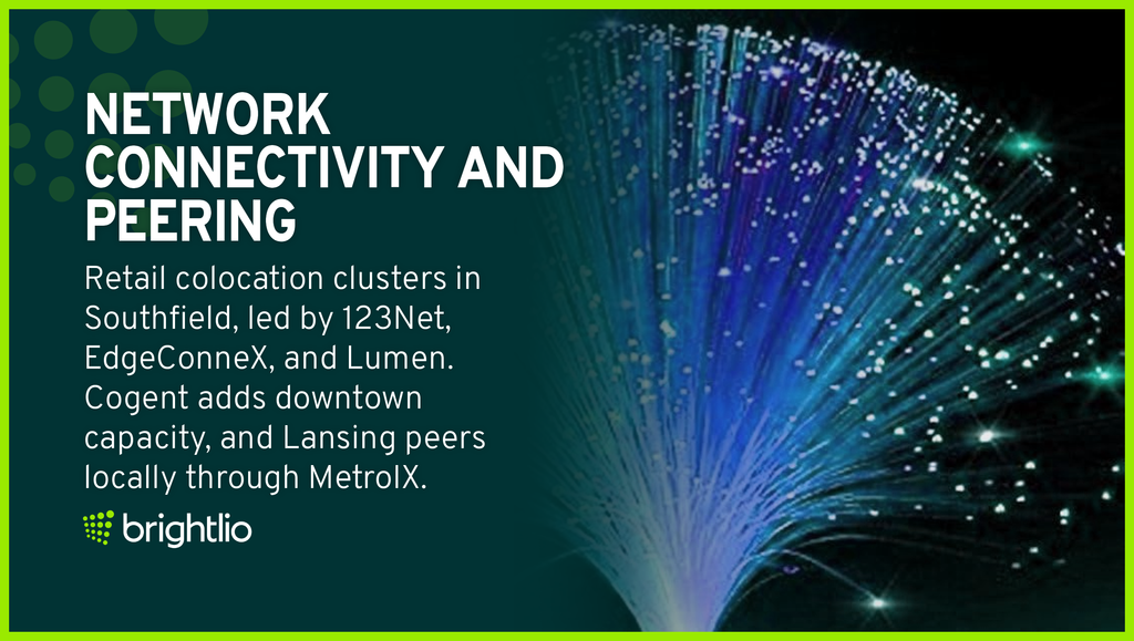 Network Connectivity And Peering for Colocation in Michigan Shown Through Glowing Strands of Fiber Optic Cable Spreading Out Against a Dark Background