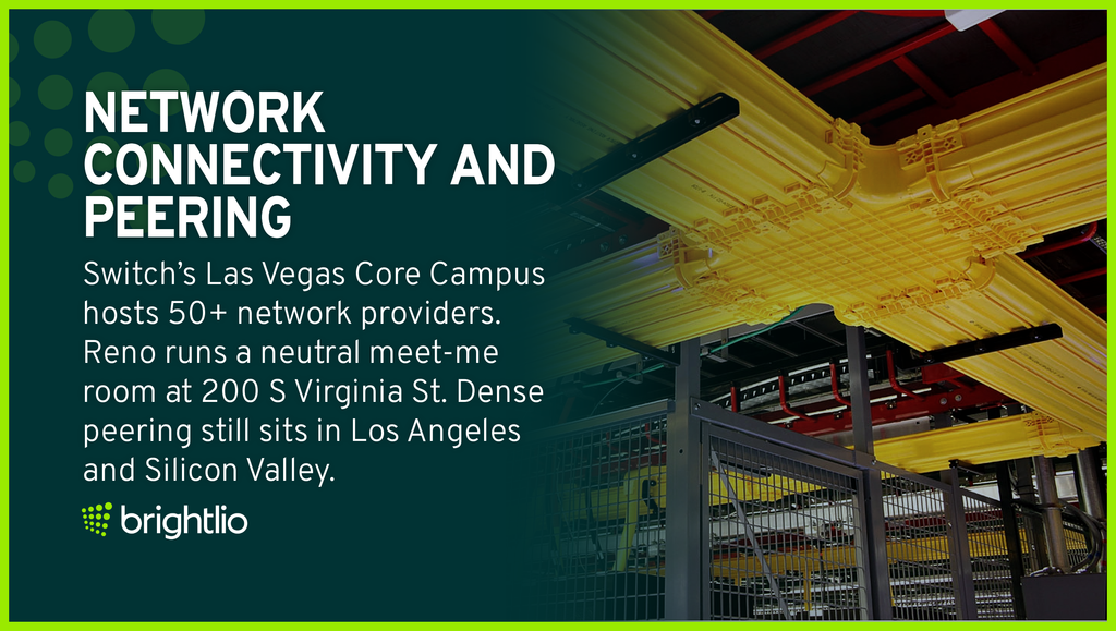 Network Connectivity And Peering for Colocation in Nevada Shown Through Yellow Overhead Fiber Raceways Crossing Above a Data Center Cage