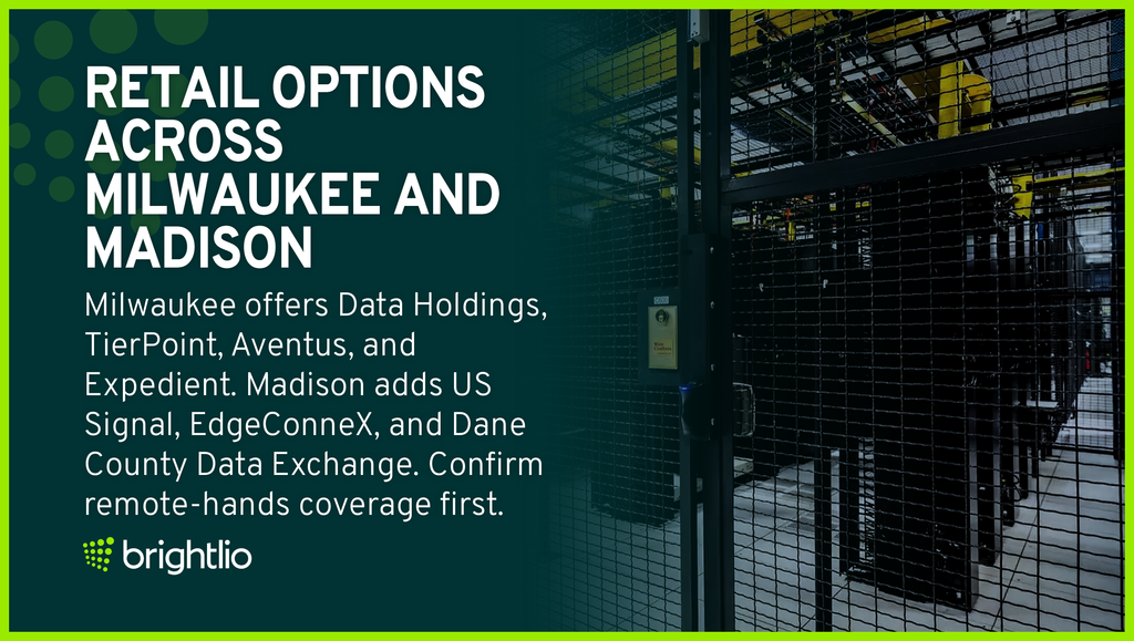 Retail Colocation Options Across Milwaukee And Madison in Wisconsin Shown Through Locked Mesh Colocation Cages Around Server Cabinets in a Data Hall