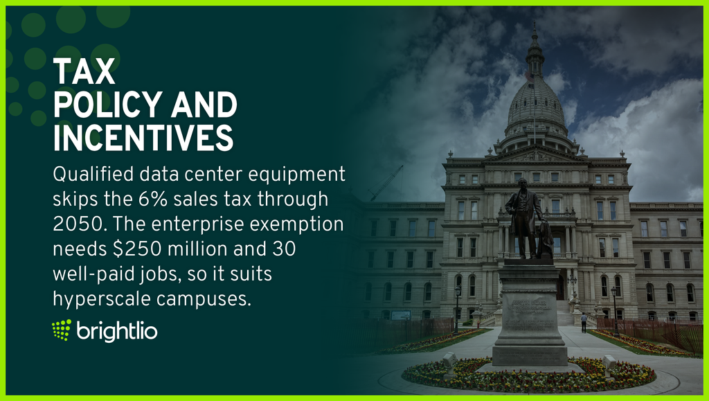 Tax Policy And Incentives for Colocation in Michigan Shown Through the Domed Michigan State Capitol in Lansing Behind the Austin Blair Statue