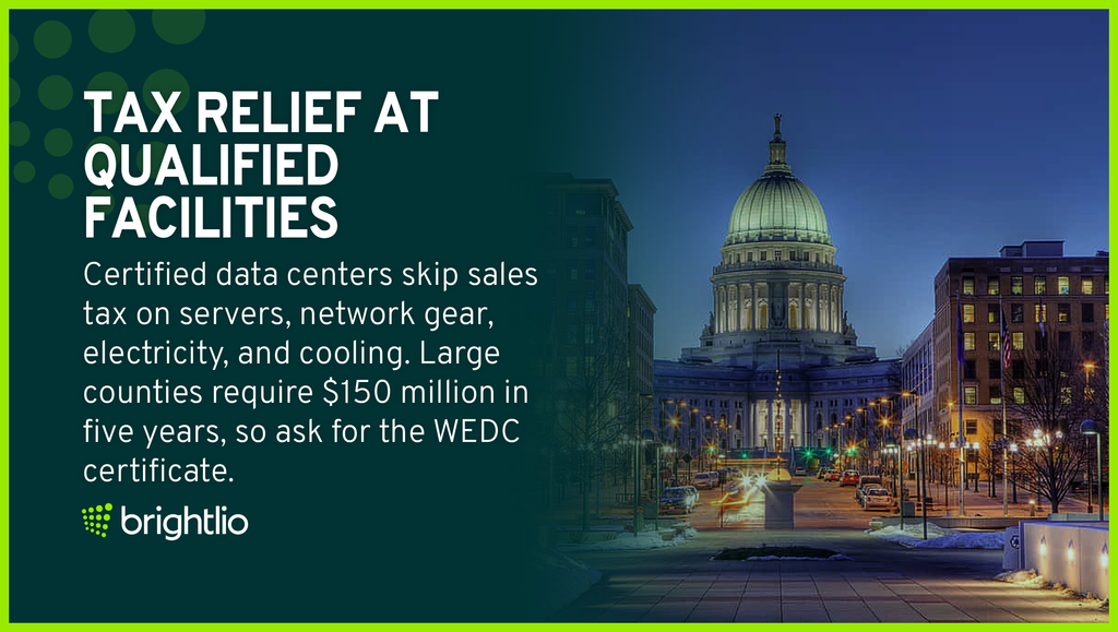 Tax Relief At Qualified Facilities for Colocation in Wisconsin Shown Through the Domed Wisconsin State Capitol in Madison Lit Up at Dusk