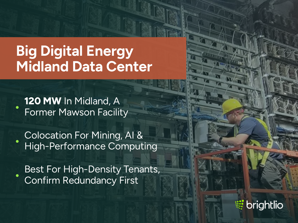 Big Digital Energy Midland Data Center graphic over a photo inside a bitcoin mining facility, showing towering racks of mining units with dense blue and white cabling and a technician in a yellow hard hat and high-visibility vest working from an orange scissor lift, beneath a dark teal overlay, highlighting 120 MW in Midland at a former Mawson facility, colocation for mining, AI and high-performance computing, and suitability for high-density tenants who should confirm redundancy first, with the Brightlio logo.