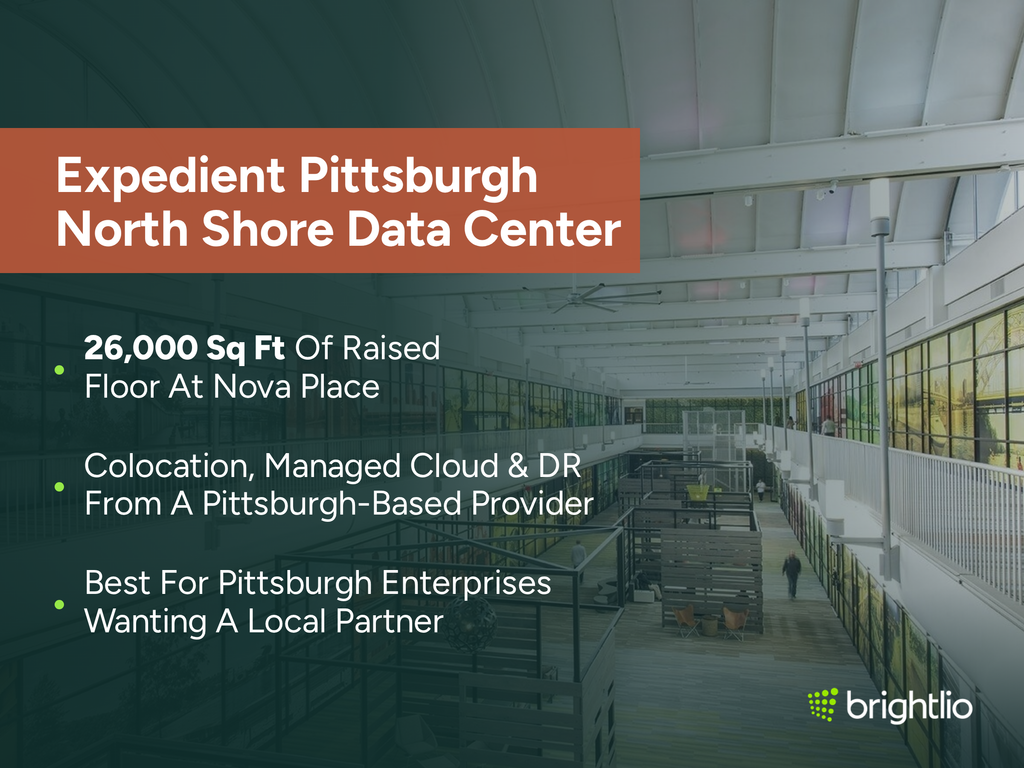 Expedient Pittsburgh North Shore Data Center graphic over a photo of the Nova Place concourse in Pittsburgh, showing a bright white barrel-vaulted atrium with an upper walkway, glass railings, seating areas below and large Pittsburgh bridge and skyline murals lining the walls, beneath a dark teal overlay, highlighting 26,000 sq ft of raised floor at Nova Place, colocation, managed cloud and disaster recovery from a Pittsburgh-based provider, and suitability for Pittsburgh enterprises wanting a local partner, with the Brightlio logo.