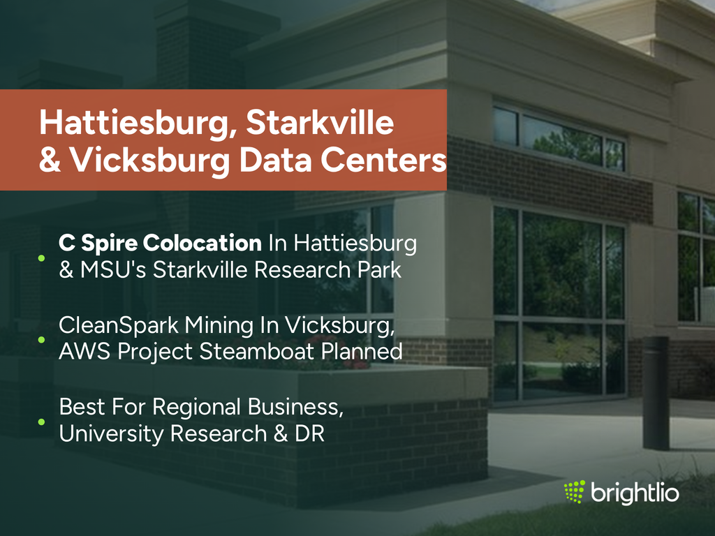Hattiesburg, Starkville and Vicksburg Data Centers graphic over a photo of the C Spire data center building in Starkville, Mississippi, showing its brick and tan stucco exterior with tall glass windows and landscaped planters, beneath a dark teal overlay, highlighting C Spire colocation in Hattiesburg and MSU’s Starkville research park, CleanSpark mining in Vicksburg with AWS Project Steamboat planned, and suitability for regional business, university research and disaster recovery, with the Brightlio logo.
