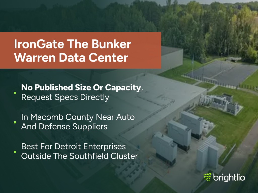 IronGate The Bunker Warren Data Center graphic over an aerial photo of a low flat-roofed data center set in mown grass and surrounded by trees, showing rows of grey generator and switchgear enclosures alongside the building, service paths and a parking area, beneath a dark teal overlay, highlighting that no size or capacity is published so specs must be requested directly, its Macomb County location near automotive and defense suppliers, and suitability for Detroit enterprises outside the Southfield cluster, with the Brightlio logo.