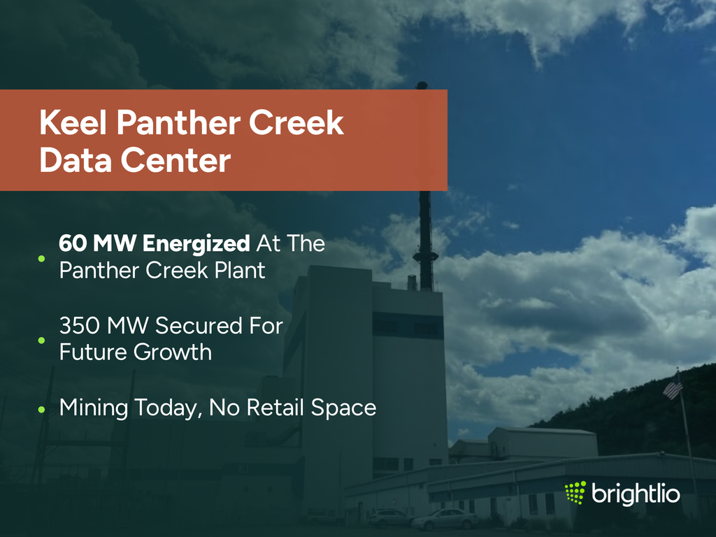Keel Panther Creek Data Center graphic over a ground-level photo of the Panther Creek power plant in Nesquehoning, Pennsylvania, showing the tall white boiler building with a black exhaust stack, low blue and white outbuildings, a switchyard and a forested ridge under a bright cloudy sky, beneath a dark teal overlay, highlighting 60 MW energized at the Panther Creek plant, 350 MW secured for future growth, and mining running today with no retail space, with the Brightlio logo.
