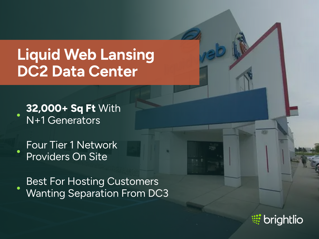 Liquid Web Lansing DC2 Data Center graphic over a photo of the white two-storey facility on South Creyts Road in Lansing, Michigan, showing the liquidweb sign and a bald eagle mural high on the wall, a blue canopy over the recessed glass entrance between white columns with red accents, and the parking lot running along the building, beneath a dark teal overlay, highlighting 32,000+ sq ft with N+1 generators, four Tier 1 network providers on site, and suitability for hosting customers wanting separation from DC3, with the Brightlio logo.