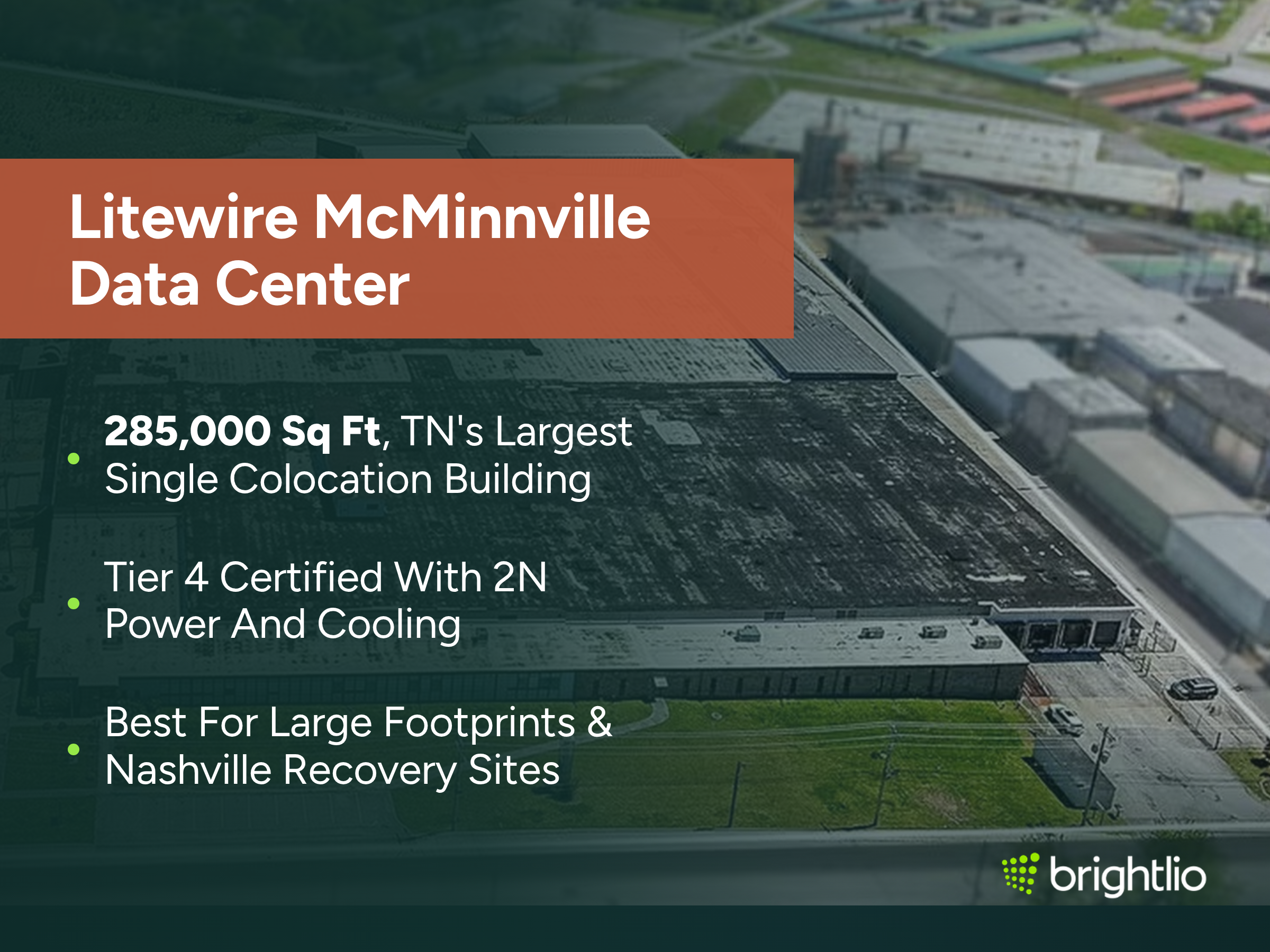 Litewire McMinnville Data Center graphic over an aerial photo of the large single-storey facility at 204 Red Road in McMinnville, Tennessee, showing its long dark flat roof, a lower entrance wing with a canopy, parking areas and neighbouring industrial buildings and greenery, beneath a dark teal overlay, highlighting 285,000 sq ft as Tennessee’s largest single colocation building, Tier 4 certification with 2N power and cooling, and suitability for large footprints and Nashville recovery sites, with the Brightlio logo.