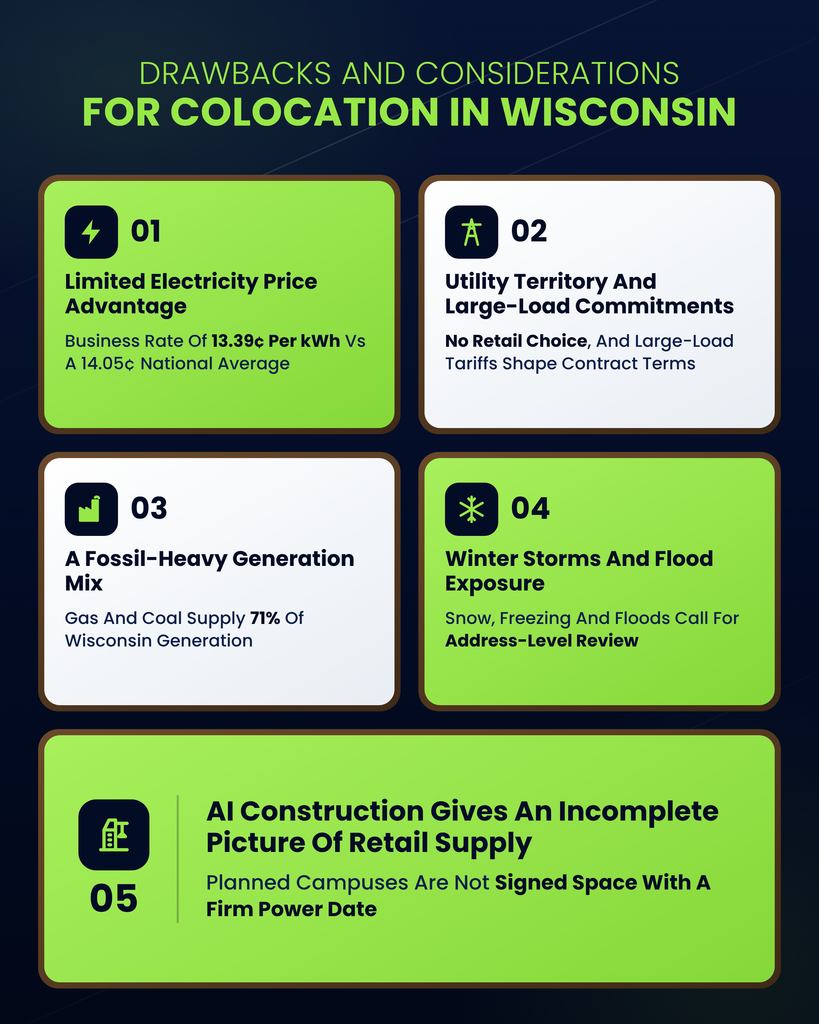 Navy infographic titled Drawbacks And Considerations For Colocation In Wisconsin, showing five numbered cards in alternating lime green and white with dark icons: 01 Limited Electricity Price Advantage, with a business rate of 13.39 cents per kWh against a 14.05 cent national average; 02 Utility Territory And Large-Load Commitments, with no retail choice and large-load tariffs shaping contract terms; 03 A Fossil-Heavy Generation Mix, with gas and coal supplying 71% of Wisconsin generation; 04 Winter Storms And Flood Exposure, with snow, freezing and floods calling for address-level review; 05 AI Construction Gives An Incomplete Picture Of Retail Supply, as planned campuses are not signed space with a firm power date.